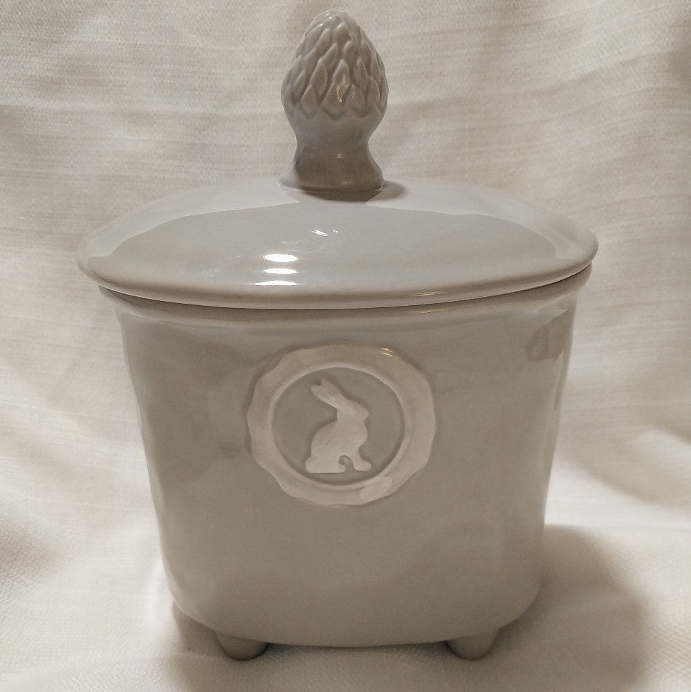 Creative Co-op Gray Ceramic Bunny Lidded Pedistal Ceramic Canister